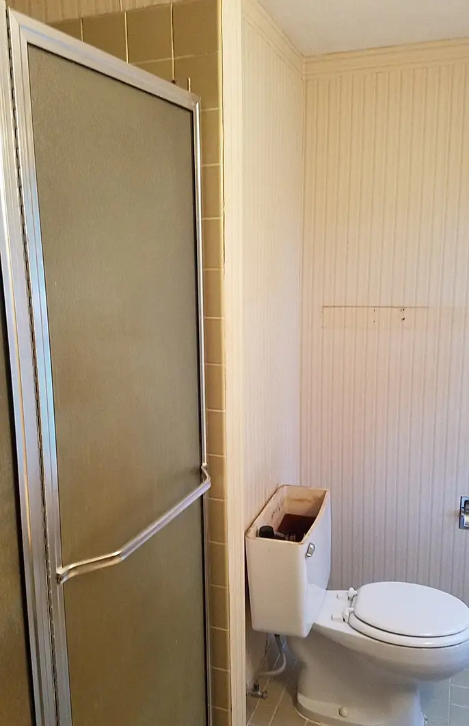 A new shower with a translucent shower door, next to a porcelain toilet