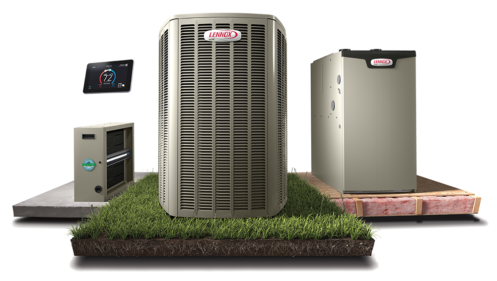 Combination of Lennox brand products, including an AC condenser unit, smart thermostat, and air handler, and furnace